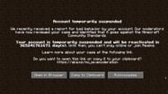 An account is suspended as a first warning before getting permanently banned (Image via Minecraft)